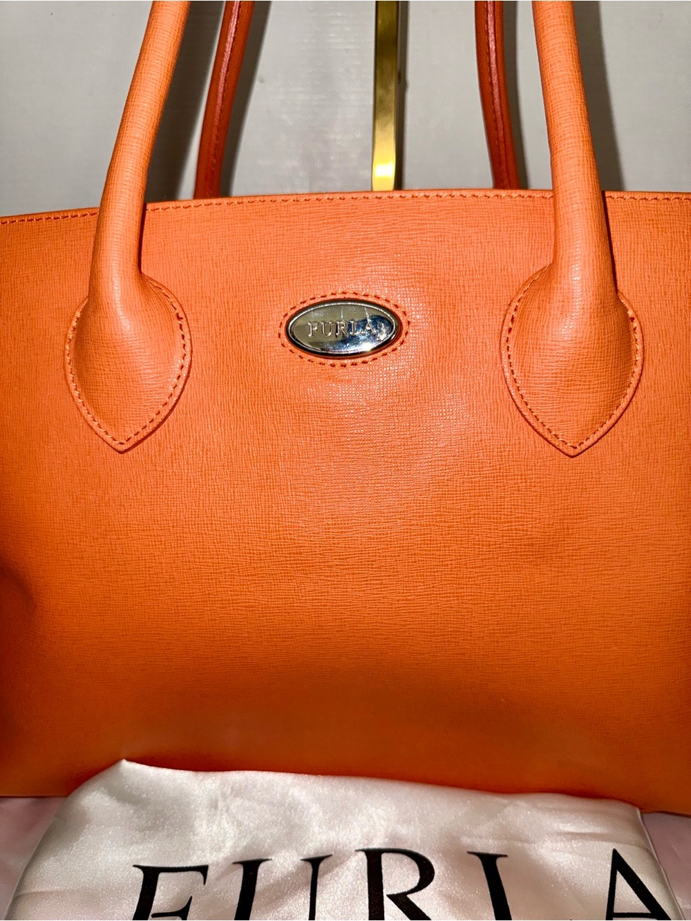 Furla Bright Orange Leather Tote with Top Handles - Picture 3 of 11